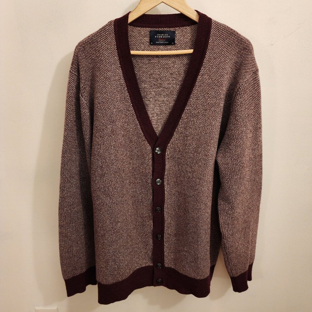 Charles Tyrwhitt Merino Wool Cardigan Sweater Men XL Maroon Grandpacore Academia